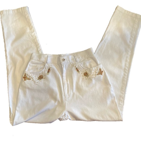 Vintage PRIVATA Beaded Insects Bugs Butterflies White Denim Jeans Size 8 - Picture 2 of 16